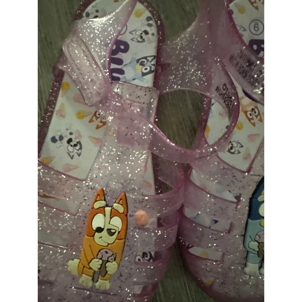 Bluey Bingo Toddler Girls Pink Glitter Jelly Sandals Size 6 Hook Loop Strap